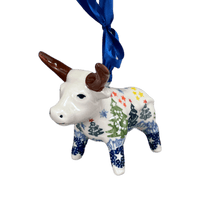 A picture of a Polish Pottery Bull Ornament (Festive Forest) | K167U-INS6 as shown at PolishPotteryOutlet.com/products/bull-ornament-festive-forest-k167u-ins6
