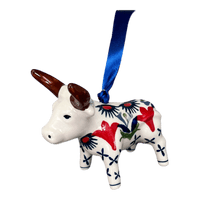 A picture of a Polish Pottery Bull Ornament (Scandinavian Scarlet) | K167U-P295 as shown at PolishPotteryOutlet.com/products/bull-ornament-scandinavian-scarlet-k167u-p295