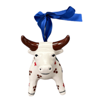 A picture of a Polish Pottery Bull Ornament (Evergreen Bells) | K167U-PZDG as shown at PolishPotteryOutlet.com/products/bull-ornament-evergreen-bells-k167u-pzdg
