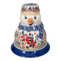A picture of a Polish Pottery Snowman Luminary (Ruby Duet) | L026S-DPLC as shown at PolishPotteryOutlet.com/products/snowman-luminary-ruby-duet-l026s-dplc