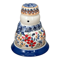 A picture of a Polish Pottery Snowman Luminary (Ruby Duet) | L026S-DPLC as shown at PolishPotteryOutlet.com/products/snowman-luminary-ruby-duet-l026s-dplc