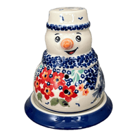 A picture of a Polish Pottery Snowman Luminary (Brilliant Garden) | L026S-DPLW as shown at PolishPotteryOutlet.com/products/snowman-luminary-brilliant-garden-l026s-dplw
