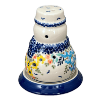 A picture of a Polish Pottery Snowman Luminary (Brilliant Garden) | L026S-DPLW as shown at PolishPotteryOutlet.com/products/snowman-luminary-brilliant-garden-l026s-dplw