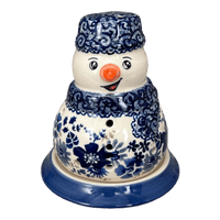 A picture of a Polish Pottery Snowman Luminary (Blue Life) | L026S-EO39 as shown at PolishPotteryOutlet.com/products/5-snowman-luminary-blue-life-l026s-eo39
