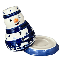 A picture of a Polish Pottery Snowman Luminary (Winter's Eve) | L026S-IBZ as shown at PolishPotteryOutlet.com/products/snowman-luminary-winters-eve-l026s-ibz