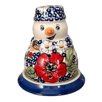 A picture of a Polish Pottery Snowman Luminary (Poppies & Posies) | L026S-IM02 as shown at PolishPotteryOutlet.com/products/snowman-luminary-poppies-posies-l026s-im02