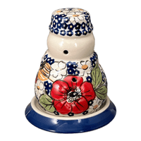 A picture of a Polish Pottery Snowman Luminary (Poppies & Posies) | L026S-IM02 as shown at PolishPotteryOutlet.com/products/snowman-luminary-poppies-posies-l026s-im02