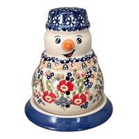 A picture of a Polish Pottery Snowman Luminary (Poppy Persuasion) | L026S-P265 as shown at PolishPotteryOutlet.com/products/snowman-luminary-poppy-persuasion-l026s-p265