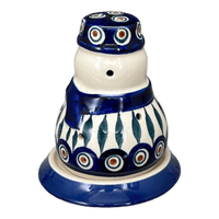 A picture of a Polish Pottery Snowman Luminary (Peacock) | L026T-54 as shown at PolishPotteryOutlet.com/products/snowman-luminary-peacock-l026t-54