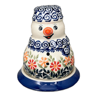 A picture of a Polish Pottery Snowman Luminary (Flower Power) | L026T-JS14 as shown at PolishPotteryOutlet.com/products/5-snowman-luminary-flower-power-l026t-js14