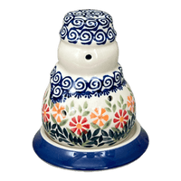 A picture of a Polish Pottery Snowman Luminary (Flower Power) | L026T-JS14 as shown at PolishPotteryOutlet.com/products/5-snowman-luminary-flower-power-l026t-js14