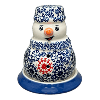 A picture of a Polish Pottery Snowman Luminary (One of a Kind) | L026U-AS77 as shown at PolishPotteryOutlet.com/products/snowman-luminary-one-of-a-kind-l026u-as77