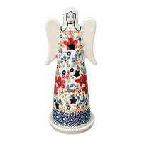 A picture of a Polish Pottery Large Angel Luminary (Ruby Bouquet) | L035S-DPCS as shown at PolishPotteryOutlet.com/products/tall-angel-luminary-ruby-bouquet-l035s-dpcs