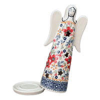 A picture of a Polish Pottery Large Angel Luminary (Ruby Bouquet) | L035S-DPCS as shown at PolishPotteryOutlet.com/products/tall-angel-luminary-ruby-bouquet-l035s-dpcs