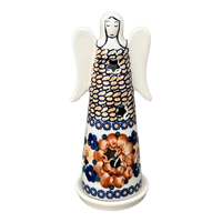 A picture of a Polish Pottery Large Angel Luminary (Bouquet in a Basket) | L035S-JZK as shown at PolishPotteryOutlet.com/products/tall-angel-luminary-bouquet-in-a-basket-l035s-jzk