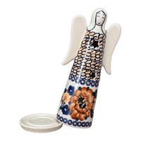 A picture of a Polish Pottery Large Angel Luminary (Bouquet in a Basket) | L035S-JZK as shown at PolishPotteryOutlet.com/products/tall-angel-luminary-bouquet-in-a-basket-l035s-jzk
