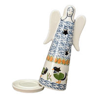 A picture of a Polish Pottery Large Angel Luminary (Ducks in a Row) | L035U-P323 as shown at PolishPotteryOutlet.com/products/tall-angel-luminary-ducks-in-a-row-l035u-p323