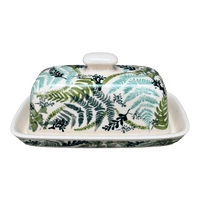 A picture of a Polish Pottery Butter Dish, American, 4" x 7.5" in "Scattered Ferns" by Manufaktura | M074S-GZ39 as shown at PolishPotteryOutlet.com/products/7-5-x-4-american-butter-dish-scattered-ferns-m074s-gz39