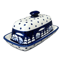 A picture of a Polish Pottery American Butter Dish (Winter's Eve) | M074S-IBZ as shown at PolishPotteryOutlet.com/products/american-butter-dish-winters-eve-m074s-ibz
