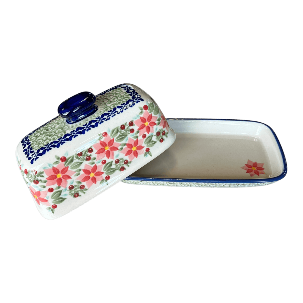 Butter Dish, American, 4" x 7.5" in "Pink Poinsettia" by Manufaktura | M074S-PS14