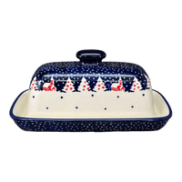 A picture of a Polish Pottery American Butter Dish (Christmas Chapel) | M074T-CHDK as shown at PolishPotteryOutlet.com/products/7-5-x-4-american-butter-dish-christmas-chapel-m074t-chdk