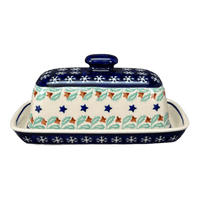 A picture of a Polish Pottery American Butter Dish (Starry Wreath) | M074T-PZG as shown at PolishPotteryOutlet.com/products/7-5-x-4-american-butter-dish-starry-wreath-m074t-pzg