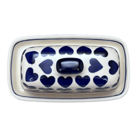 A picture of a Polish Pottery American Butter Dish (Whole Hearted) | M074T-SEDU as shown at PolishPotteryOutlet.com/products/7-5-x-4-american-butter-dish-whole-hearted-m074t-sedu