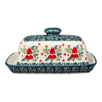 A picture of a Polish Pottery American Butter Dish (Evergreen Bells) | M074U-PZDG as shown at PolishPotteryOutlet.com/products/7-5-x-4-american-butter-dish-evergreen-bells-m074u-pzdg