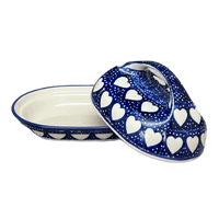 A picture of a Polish Pottery Fancy Butter Dish (Sea of Hearts) | M077T-SEA as shown at PolishPotteryOutlet.com/products/7-x-5-fancy-butter-dish-sea-of-hearts-m077t-sea