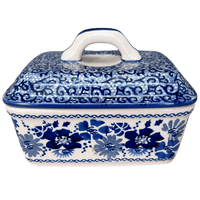 A picture of a Polish Pottery Butter Box (Blue Life) | M078S-EO39 as shown at PolishPotteryOutlet.com/products/butter-box-blue-life-m078s-eo39