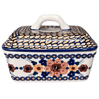 A picture of a Polish Pottery Butter Box (Bouquet in a Basket) | M078S-JZK as shown at PolishPotteryOutlet.com/products/butter-box-bouquet-in-a-basket-m078s-jzk