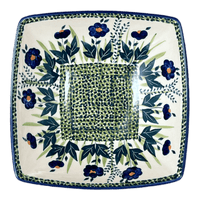 A picture of a Polish Pottery Medium Nut Dish (Bouncing Blue Blossoms) | M113U-IM03 as shown at PolishPotteryOutlet.com/products/7-75-square-bowl-bouncing-blue-blossoms-m113u-im03