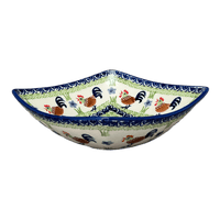A picture of a Polish Pottery Medium Nut Dish (Chicken Dance) | M113U-P320 as shown at PolishPotteryOutlet.com/products/7-75-square-bowl-chicken-dance-m113u-p320