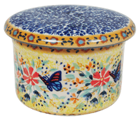 A picture of a Polish Pottery Butter Crock (Butterfly Bliss) | M136S-WK73 as shown at PolishPotteryOutlet.com/products/butter-crock-butterfly-bliss-m136s-wk73