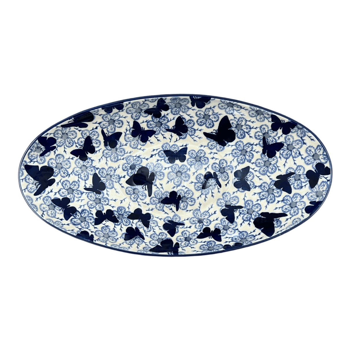 Bowl, Oblong, Serving, Large, 15.75" x 8.25" in "Blue Butterfly" by Manufaktura | M168U-AS58