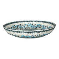 A picture of a Polish Pottery 11.75" Shallow Salad Bowl (Baby Blue Blossoms) | M173S-JS49 as shown at PolishPotteryOutlet.com/products/11-75-shallow-salad-bowl-baby-blue-blossoms-m173s-js49