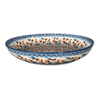 A picture of a Polish Pottery 11.75" Shallow Salad Bowl (Hummingbird Harvest) | M173S-JZ35 as shown at PolishPotteryOutlet.com/products/11-75-bowl-hummingbird-harvest-m173s-jz35