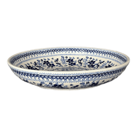 A picture of a Polish Pottery 11.75" Shallow Salad Bowl (Duet in Blue) | M173S-SB01 as shown at PolishPotteryOutlet.com/products/11-75-shallow-salad-bowl-duet-in-blue-m173s-sb01