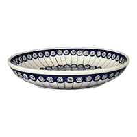 A picture of a Polish Pottery 11.75" Shallow Salad Bowl (Peacock in Line) | M173T-54A as shown at PolishPotteryOutlet.com/products/11-75-shallow-salad-bowl-peacock-in-line-m173t-54a