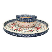 A picture of a Polish Pottery Chip and Dip Platter (Ruby Bouquet) | N007S-DPCS as shown at PolishPotteryOutlet.com/products/cake-plate-hors-doeuvres-combo-ruby-bouquet-n007s-dpcs