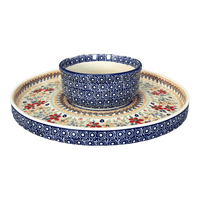 A picture of a Polish Pottery Chip and Dip Platter (Ruby Duet) | N007S-DPLC as shown at PolishPotteryOutlet.com/products/cake-plate-hors-doeuvres-combo-ruby-duet-n007s-dplc