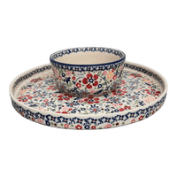 A picture of a Polish Pottery Chip and Dip Platter (Full Bloom) | N007S-EO34 as shown at PolishPotteryOutlet.com/products/13-cake-plate-chip-dip-combo-full-bloom-n007s-eo34