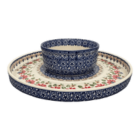 A picture of a Polish Pottery Chip and Dip Platter (Mediterranean Blossoms) | N007S-P274 as shown at PolishPotteryOutlet.com/products/13-cake-plate-chip-dip-combo-mediterranean-blossoms-n007s-p274
