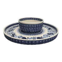 A picture of a Polish Pottery Chip and Dip Platter (Duet in Blue) | N007S-SB01 as shown at PolishPotteryOutlet.com/products/13-cake-plate-chip-dip-combo-duet-in-blue-n007s-sb01