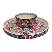 A picture of a Polish Pottery Chip and Dip Platter (Strawberry Fields) | N007U-AS59 as shown at PolishPotteryOutlet.com/products/13-cake-plate-chip-dip-combo-strawberry-fields-n007u-as59