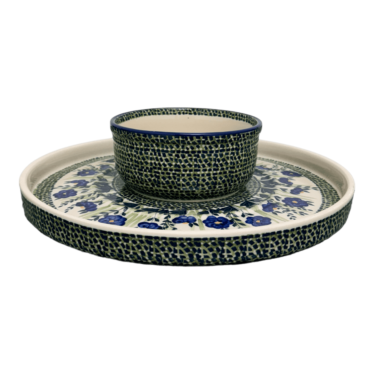 Platter, Round, Chip & Dip, 12.75" in "Bouncing Blue Blossoms" by Manufaktura | N007U-IM03