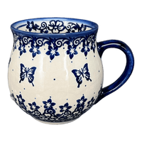 A picture of a Polish Pottery 16 oz. Large Belly Mug (Butterfly Blues) | NDA10-17 as shown at PolishPotteryOutlet.com/products/16-oz-large-belly-mug-butterfly-blues-nda10-17
