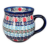 A picture of a Polish Pottery 16 oz. Large Belly Mug (Pom-Pom Flower) | NDA10-30 as shown at PolishPotteryOutlet.com/products/large-belly-mug-pom-pom-flower-nda10-30
