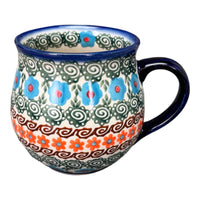 A picture of a Polish Pottery 16 oz. Large Belly Mug (Teal Pompons) | NDA10-62 as shown at PolishPotteryOutlet.com/products/16-oz-large-belly-mug-teal-pompons-nda10-62