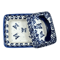 A picture of a Polish Pottery 5.5" x 4.75" Butter Dish (Butterfly Blues) | NDA14-17 as shown at PolishPotteryOutlet.com/products/5-5-x-4-75-butter-dish-butterfly-blues-nda14-17